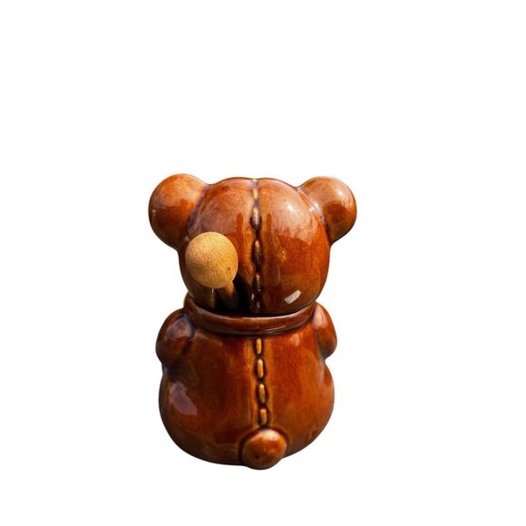 Vintage honey pot brown ceramic Taiwan Teddy bear and dipper jar - Picture 3 of 7